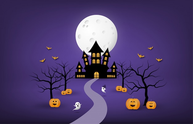 Vector happy halloween banner of poster achtergrond met grote maan en silhouet spookkasteel, pompoen, kale boom en bit in papierstijl knippen.