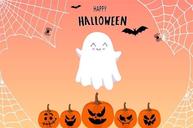 Happy Halloween banner of uitnodiging voor feest met Flying Ghost Boo pompoenen en spinnenwebben Vectorillustratie Vectorillustratie