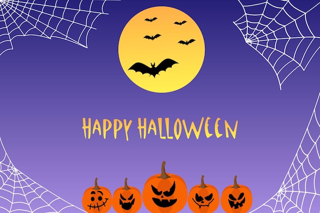 Happy Halloween banner of uitnodiging voor feest met vleermuizen, pompoenen en spinnenwebben vectorillustratie