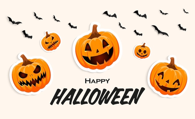 Happy Halloween banner Orange pumpkin sticker and flying bats festive banner pumpkins template