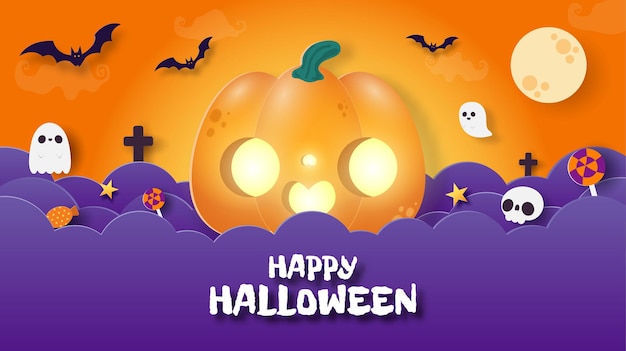 Felice halloween banner carta tagliata stile sfondo poster festa divertente dolcetto o scherzetto