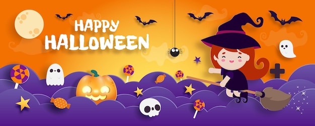 happy halloween banner papier gesneden stijl heks vliegt op bezemsteel poster leuk feest trick or treat