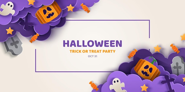 Happy halloween banner or party invitation background in paper cut style