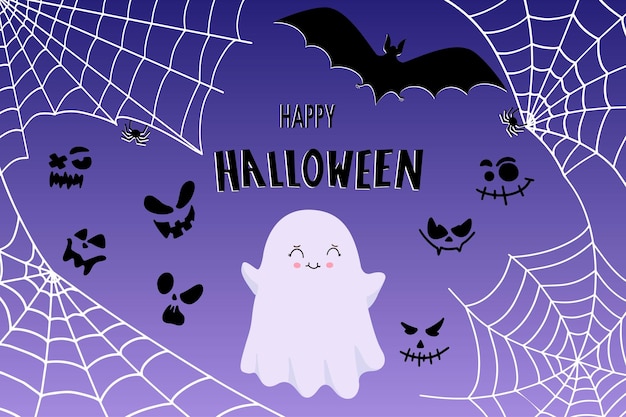 Happy halloween banner or party invitation background with bats ghosts and cobwebs vector illustration