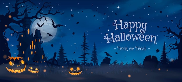 Happy halloween banner or party invitation background with blue fog clouds and pumpkins