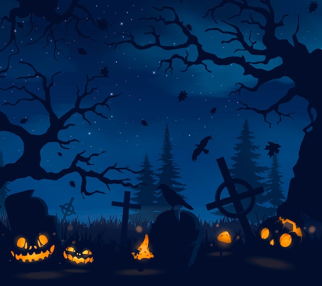 Vector happy halloween banner or party invitation background with blue fog clouds and pumpkins