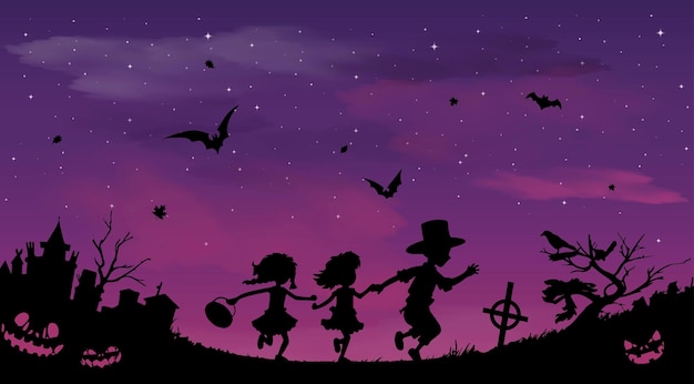 Happy halloween banner or party invitation background with children on violet clouds and pumpkins