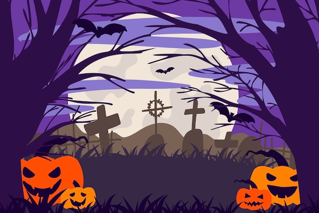 Felice halloween banner o invito a una festa sfondo con nuvole e lapidi pipistrelli e zucche v...