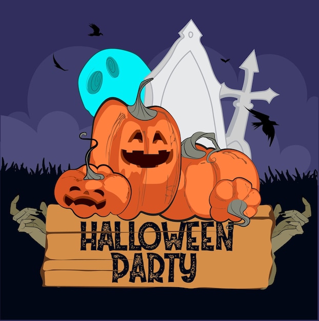 Happy Halloween banner or party invitation background with night clouds and pumpkins