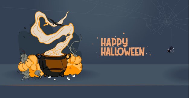 Happy halloween banner or party invitation background with night clouds and pumpkins