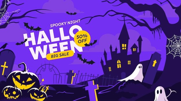 Happy halloween banner or party invitation background with violet fog clouds ghost and pumpkins