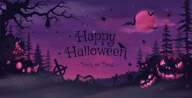 Vector happy halloween banner or party invitation background with violet fog clouds and pumpkins