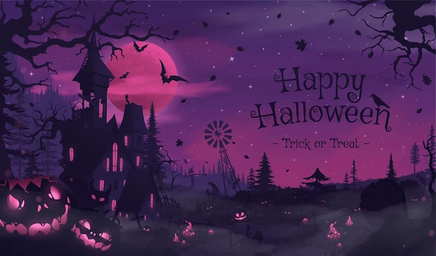 Happy halloween banner or party invitation background with violet fog clouds and pumpkins