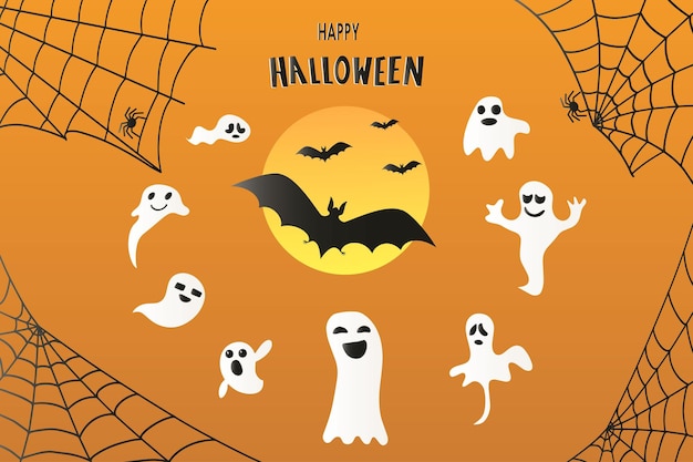 Happy halloween banner or party invitation illustration with bats ghosts and cobwebs vector