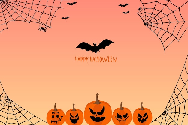 Felice banner di halloween o invito a una festa illustrazione con pipistrelli fantasmi zucche e ragnatele vettore