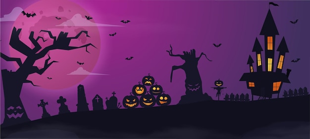 Banner di halloween felice o invito a una festa sfondo arancione con nebbia, cielo nuvoloso, pipistrelli e zucche