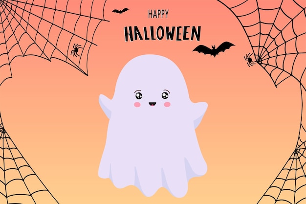 Happy Halloween banner or party invitation with flying ghost Boo cobweb and bats Vector illustration Vector