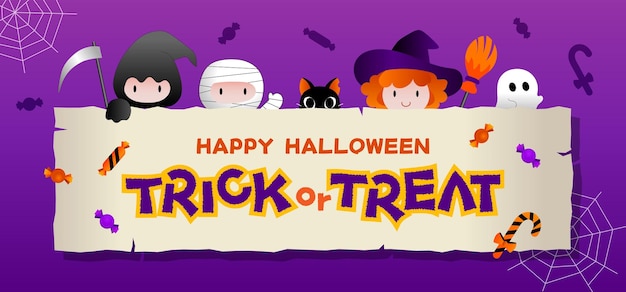 Buon halloween banner o invito a una festa con cornice quadrata e icone piatte dolcetto o scherzetto concept