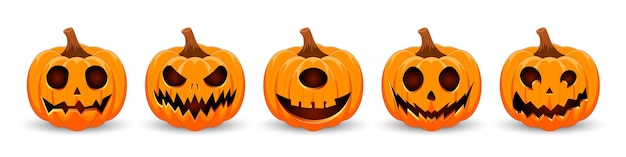 Happy Halloween banner Pumpkins isolated Happy Halloween holiday pumpkins with scary spooky smile