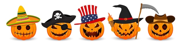 Vector happy halloween banner pumpkins mexican pirates american witch cowboy pumpkins scary smile