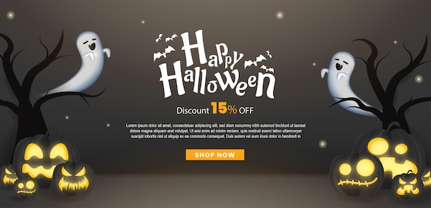 Happy halloween banner sale with dark pumpkin, tree on purple background