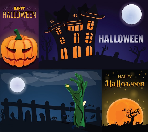 Happy halloween banner set, cartoon style