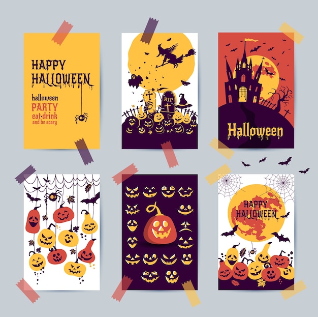 Счастливого хэллоуина баннер. набор элементов дизайна открытки иконы.
