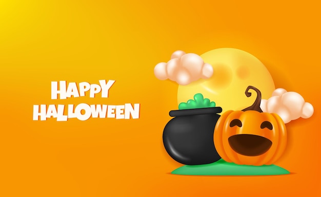 Happy halloween banner with 3d cauldron and jack o lantern with full moon character