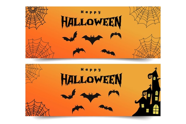 Banner di halloween felice con pipistrelli e ragnatela e bella fonte