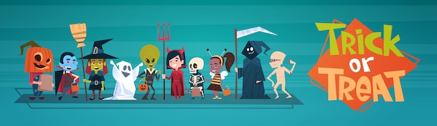 Happy Halloween Banner with Cute Cartoon Monsters. Trick or treat