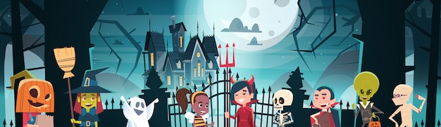 Vector happy halloween banner with cute cartoon monsters walking to dark castle with ghosts