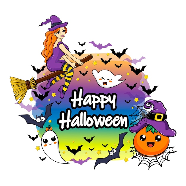 Happy Halloween Banner с милыми забавными призраками, летучими мышами, тыквой и ведьмой. Векторная иллюстрация