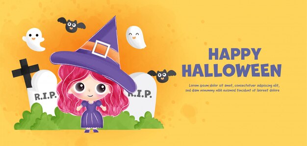 かわいい魔女とハッピーハロウィンバナー。