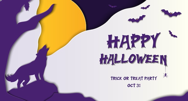 Banner di halloween felice con la luna piena nel cielo, pipistrello e lupo in stile taglio carta.