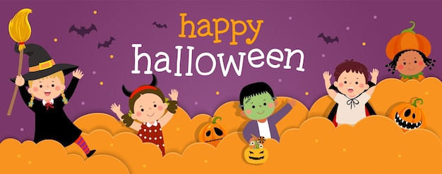 Banner di halloween felice con bambini felici in costumi di halloween in stile carta tagliata.