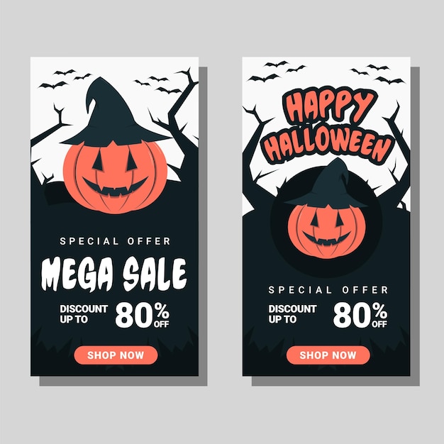 Vettore felice banner di halloween con mega modello di promozione sconto vendita perfetto per aumentare le vendite di promozione del prodotto.