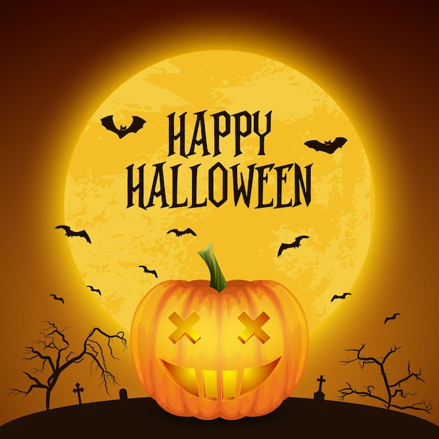 Happy halloween banner with pumkin vector glossy cartoon halloween pumkin lantern with funny face on dark night cemetery background front view design template autumn holidays halloween concept