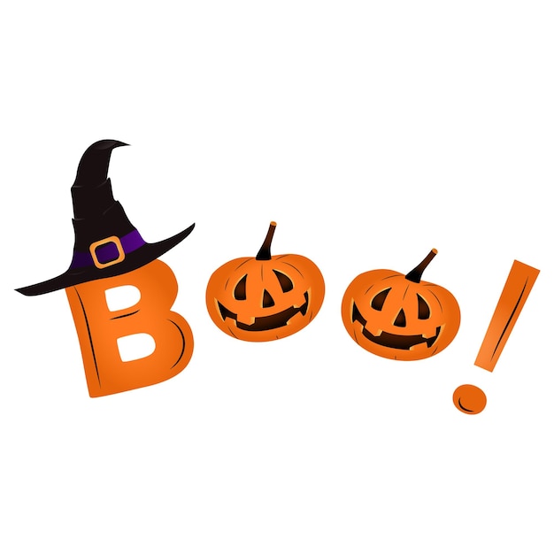 Banner di halloween felice con una zucca. testo boo, stilizzato come zucche carine. design di halloween per un poster, un invito a una festa o una vendita