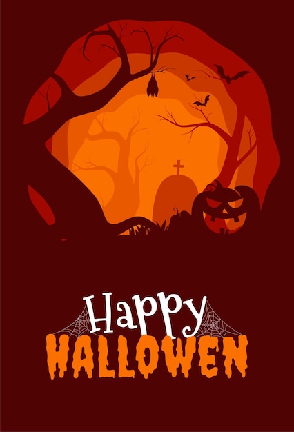 Happy halloween banner with scary silhouettes of trees graves and abandoned buildings halloween background vector illustration