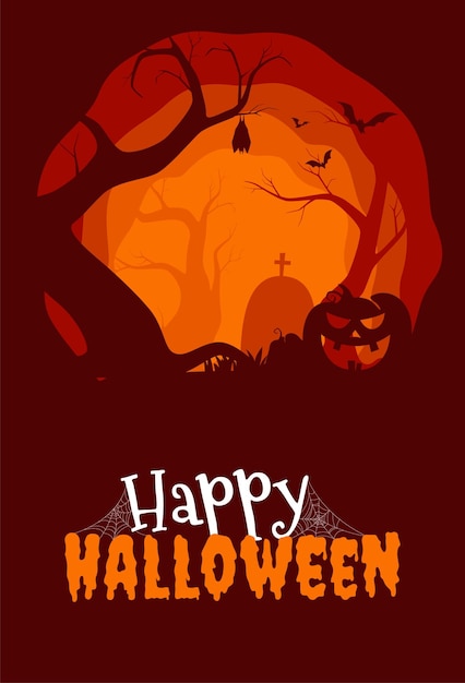 Happy Halloween Banner with scary silhouettes of trees graves and abandoned buildings Halloween background Vector illustration