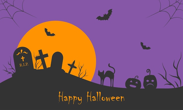 Banner di halloween felice con la sagoma del cimitero sullo sfondo della luna