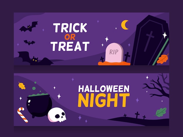 happy halloween banners set flat vector illustration trick or treat