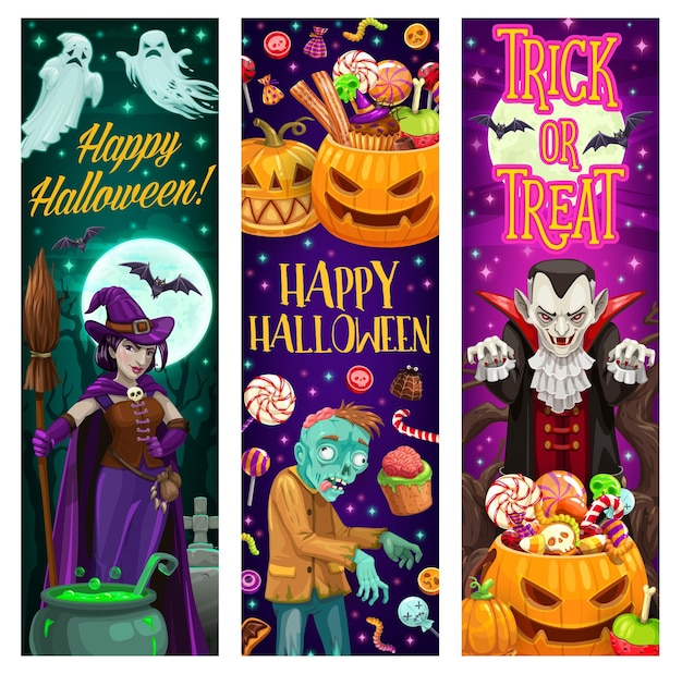 Banner di happy halloween con mostri e dolci