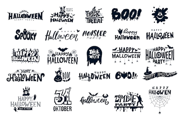 Happy Halloween belettering grote reeks ontwerpelementen silhouetten zwart pictogram en karakter Halloween belettering Hand getekende vector griezelig en spookachtig elementen voor decoraties schets pictogram sticker