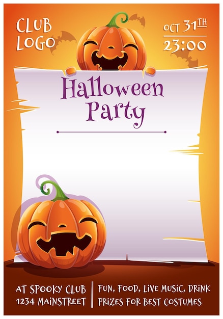 Happy Halloween bewerkbare poster met lachende en vrolijke pompoenen met perkament op oranje achtergrond met vleermuizen Happy Halloween party