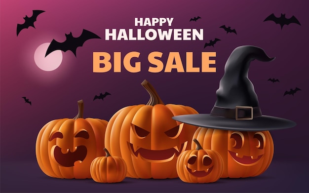 Happy Halloween Big Sale 3D realistische illustratie een podium met schattige pompoenvleermuizen