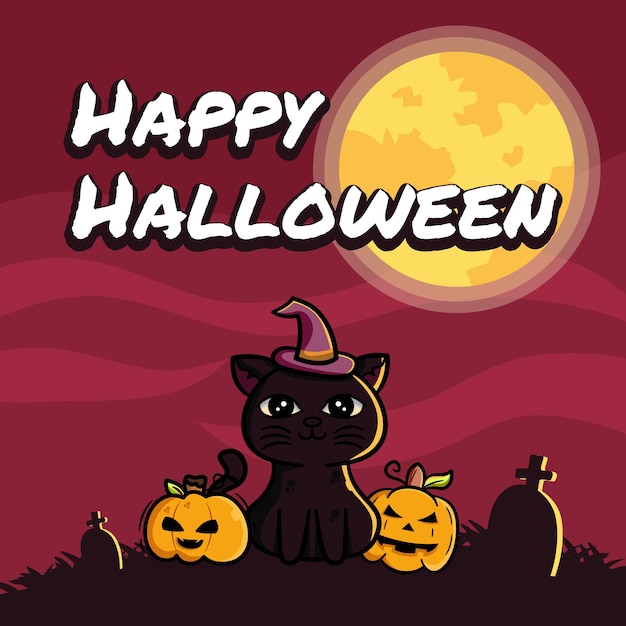 happy halloween black cat cute background with pumpkin, moon and tombstone