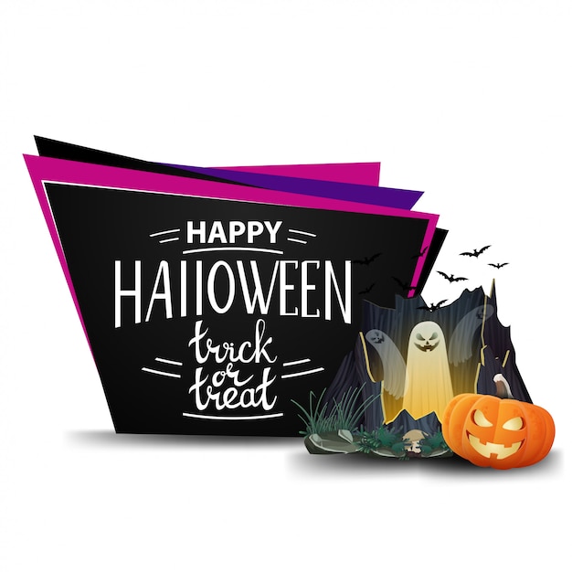 Happy halloween, black greeting card in the form of geometric plates