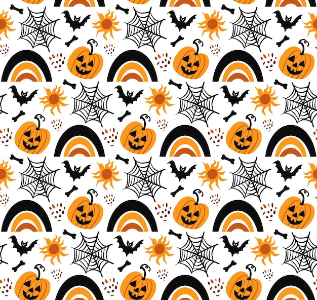 Modello senza cuciture astratto felice di halloween boho. stile di disegno a mano con stampa magica mistica bohémien. creativo, contemporaneo, estetico, scarabocchiare, infinita, struttura, fondo. illustrazione vettoriale