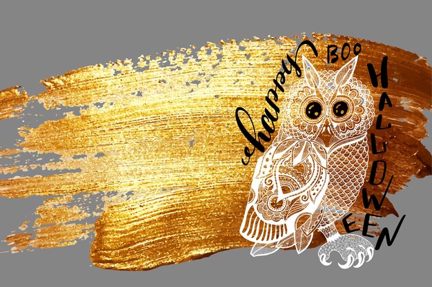 Felice halloween boo mano lettering vacanza design con gufo bianco su pennello dorato